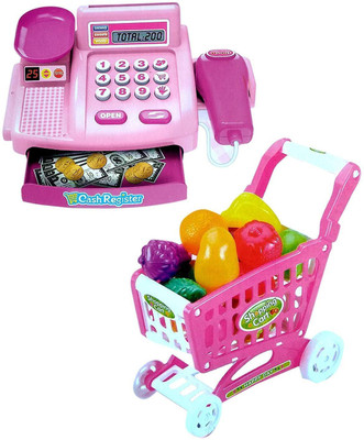 

ICE TREE Supermarket Shopping Cash Register Play Set with Shopping Cart and Barcode Scanner (Pink)