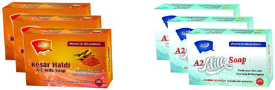 

SLT AYURVEDA Herbal Soap Handmade with 10 Herbs 100% Natural Combo Kesar Haldi Milk and A-2 Milk Soap(450 g, Pack of 6)