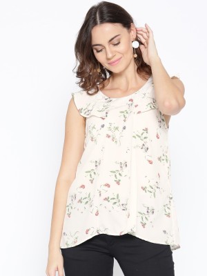 VAAK Casual No Sleeve Floral Print Women White Top