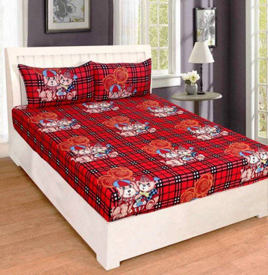 RD 145 TC Polycotton Double 3D Printed Fitted & Flat Bedsheet(Pack of 1, Red)