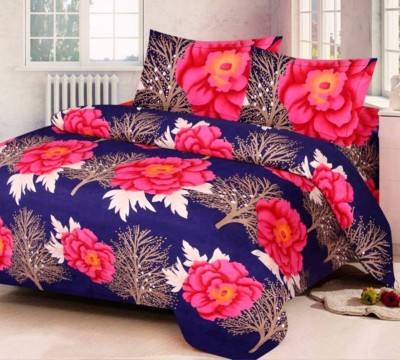 Bee's Bliss 144 TC Polycotton, Cotton Double Floral Flat Bedsheet(Pack of 1, Blue)