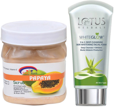

Pink Root PAPAYA SCRUB 500G WITH LOTUS SKIN WHITENING FACEWASH(Set of 2)