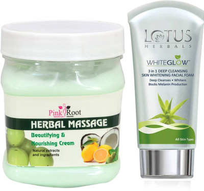 

Pink Root HERBAL MASSAGE CREAM 500G WITH LOTUS SKIN WHITENING FACEWASH(Set of 2)
