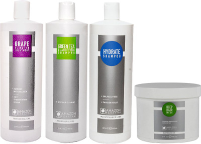 

AMAZON KERATIN Grape Extract Keratin Treatment, Green Tea Clarifying Shampoo, Hydrate Shampoo and Deep Hair Mask(Set of 4)