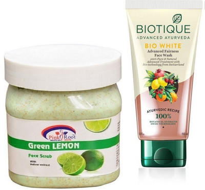 

Pink Root GREEN LEMON SCRUB 500G WITH BIOTIQUE WHITE FAIRNESS FACEWASH(Set of 2)