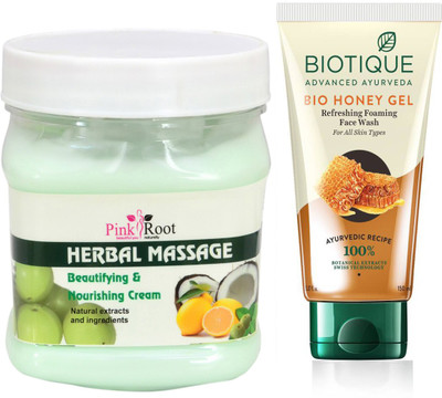 

Pink Root HERBAL MASSAGE CREAM 500G WITH BIOTIQUE HONEY FACEWASH(Set of 2)