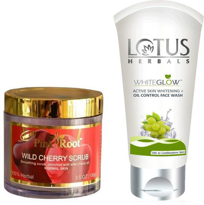 

Pink Root WILDCHERRY SCRUB 100G WITH LOTUS OIL CONTROL FACEWASH(Set of 2)