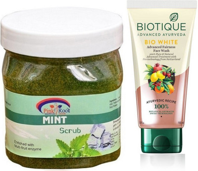 

Pink Root MINT GEL SCRUB 500G WITH BIOTIQUE WHITE FAIRNESS FACEWASH(Set of 2)