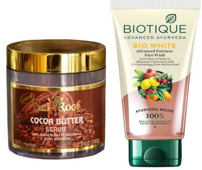 

Pink Root COCOA BUTTER SCRUB 100G WITH BIOTIQUE WHITE FAIRNESS FACEWASH(Set of 2)