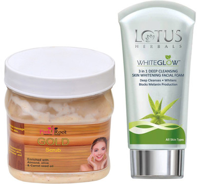 

Pink Root GOLD SCRUB 500G WITH LOTUS SKIN WHITENING FACEWASH(Set of 2)