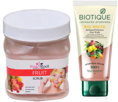 

Pink Root FRUIT SCRUB 500G WITH BIOTIQUE WHITE FAIRNESS FACEWASH(Set of 2)