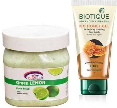 

Pink Root GREEN LEMON SCRUB 500G WITH BIOTIQUE HONEY FACEWASH(Set of 2)