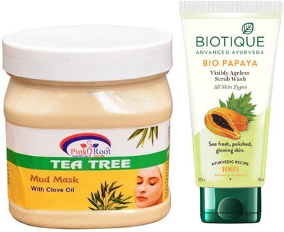 

Pink Root TEA TREE MUD MASK 500G WITH PAPAYA FACEWASH(Set of 2)