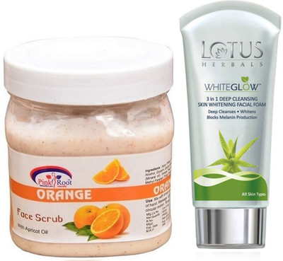 

Pink Root ORANGE SCRUB 500G WITH LOTUS SKIN WHITENING FACEWASH(Set of 2)