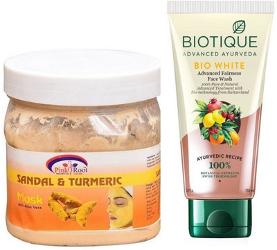 

Pink Root SANDAL TURMERIC MASK 500G WITH BIOTIQUE WHITE FAIRNESS FACEWASH(Set of 2)