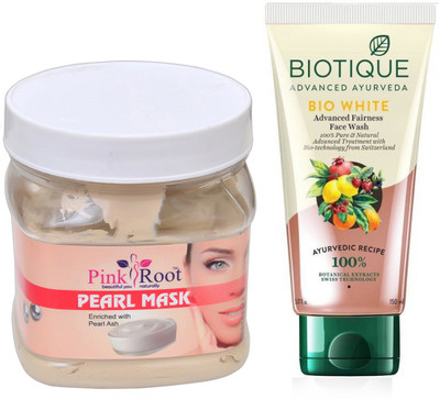 Pink Root PEARL MASK 500G WITH BIOTIQUE WHITE FAIRNESS FACEWASH(Set of 2)
