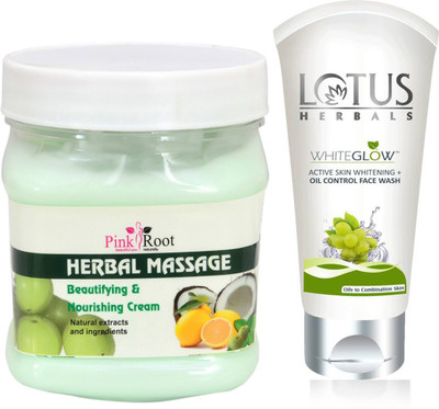 Pink Root HERBAL MASSAGE CREAM 500G WITH LOTUS OIL CONTROL FACEWASH(Set of 2)