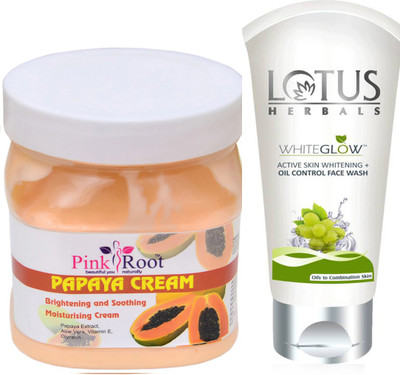 

Pink Root PAPAYA CREAM 500G WITH LOTUS OIL CONTROL FACEWASH(Set of 2)