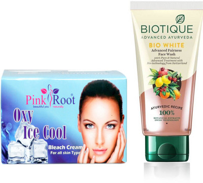 Pink Root OXY ICE COOL BLEACH 250G WITH BIOTIQUE WHITE FAIRNESS FACEWASH(Set of 2)