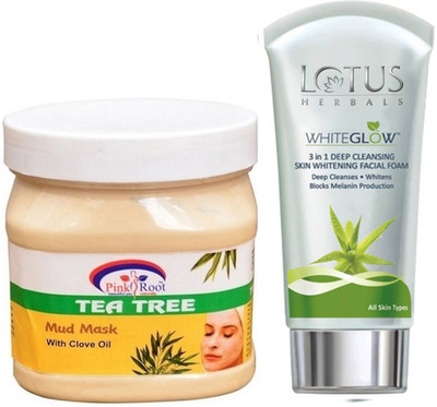 

Pink Root TEA TREE MUD MASK 500G WITH LOTUS SKIN WHITENING FACEWASH(Set of 2)