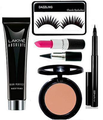 

DAZZLING Eyelashes & Lakme Primer & Pink Lipstick & Stick Kaj & Mac Compact & Pen Eyeliner(Set of 6)