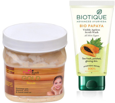 

Pink Root GOLD SCRUB 500G WITH BIOTIQUE PAPAYA FACEWASH(Set of 2)