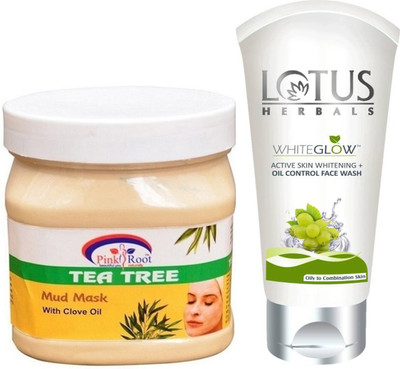 

Pink Root TEA TREE MUD MASK 500G WITH LOTUS OIL CONTROL FACEWASH(Set of 2)