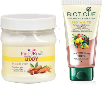 

Pink Root BODY MASSAGE CREAM 500G WITH BIOTIQUE WHITE FAIRNESS FACEWASH(Set of 2)