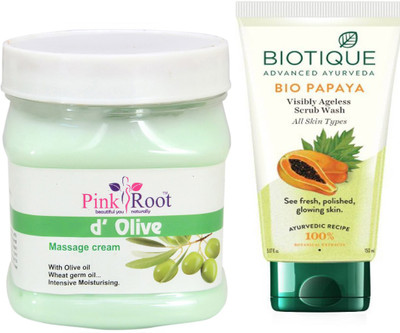 

Pink Root D OLIVE MASSAGE CREAM 500G WITH BIOTIQUE PAPAYA FACEWASH(Set of 2)