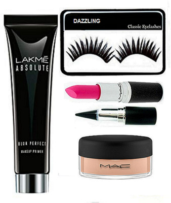 

DAZZLING Eyelashes & Lakme Primer & Pink Lipstick & Stick Kaj & Loose Powder(Set of 5)