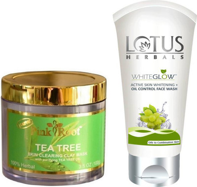 

Pink Root TEA TREE MUD MASK 100G WITH LOTUS OIL CONTROL FACEWASH(Set of 2)