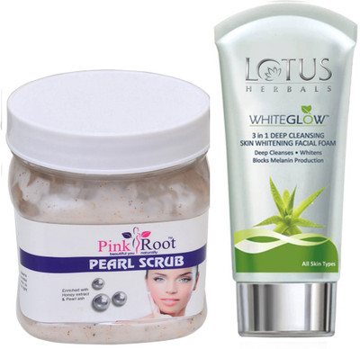 

Pink Root PEARL SCRUB 500G WITH LOTUS SKIN WHITENING FACEWASH(Set of 2)