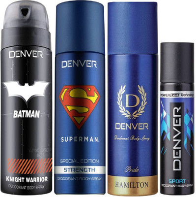 

Denver Batman Knight Warrior Deo 150 Ml + Superman Strength Deo 150Ml + Deo Pride 165ML + Deo Blue sports Nano 50Ml Deodorant Spray - For Men(515 ml, Pack of 4)