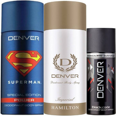 

Denver Superman Power Deo 150Ml + Deo Imperial 165Ml + Deo Black code Nano 50Ml Deodorant Spray - For Men(365 ml, Pack of 3)
