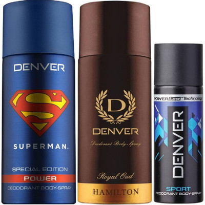 

Denver Superman Power Deo 150Ml + Deo Royal Oud 150Ml + Deo Blue Sports Nano 50ML Deodorant Spray - For Men(350 ml, Pack of 3)