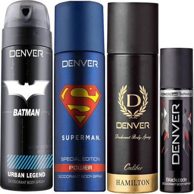 

Denver Batman Urban Legend Deo 150 Ml + Superman Power Deo 150Ml + Deo Caliber 165ML + Deo Black code nano 50ML Deodorant Spray - For Men(515 ml, Pack of 4)
