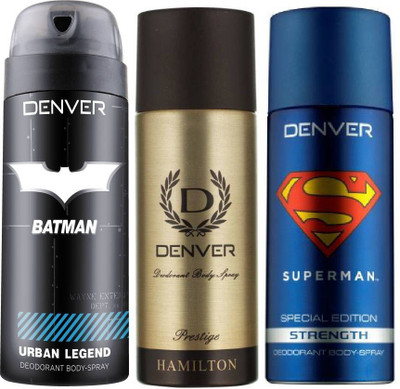 

Denver Batman Urban Legend Deo 150 Ml + Deo Prestige 165 Ml + Superman Strength Deo 150 Ml Deodorant Spray - For Men(465 ml, Pack of 3)