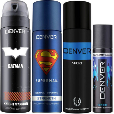 

Denver Batman Knight Warrior Deo 150 Ml + Superman Strength Deo 150Ml + Deo Blue sports 150ML + Deo Blue sports Nano 50Ml Deodorant Spray - For Men(500 ml, Pack of 4)