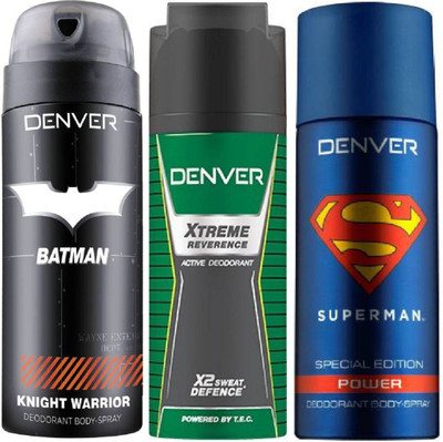 

Denver Batman Knight Warrior Deo 150 Ml + Deo Extreme Reverence 150 Ml + Superman Power Deo 150 Ml Deodorant Spray - For Men(450 ml, Pack of 3)