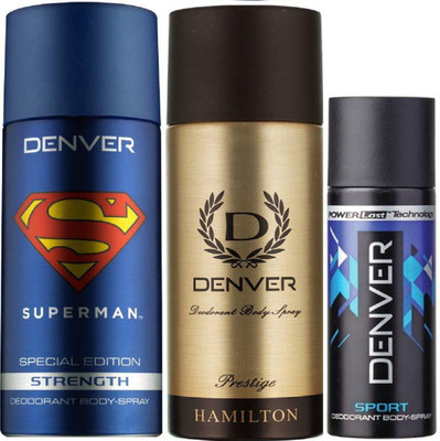 

Denver Superman Strength Deo 150Ml + Deo Prestige 165ML+ Deo Blue Sports Nano 50ML Deodorant Spray - For Men(365 ml, Pack of 3)