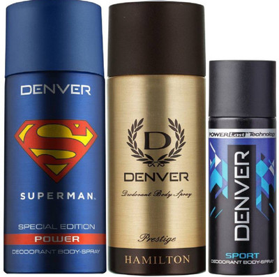 

Denver Superman Power Deo 150Ml + Deo Prestige 165Ml + Deo Blue Sports Nano 50ML Deodorant Spray - For Men(365 ml, Pack of 3)