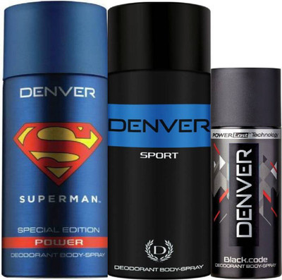 

Denver Superman Power Deo 150Ml + Deo Blue Sports 150Ml + Deo Black code Nano 50Ml Deodorant Spray - For Men(350 ml, Pack of 3)