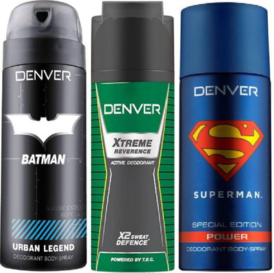 

Denver Batman Urban Legend Deo 150 Ml + Deo Extreme Reverence 150 Ml + Superman Power Deo 150 Ml Deodorant Spray - For Men(450 ml, Pack of 3)