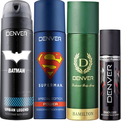 

Denver Batman Urban Legend Deo 150 Ml + Superman Power Deo 150Ml + Deo Hamilton 165ML + Deo Black code nano 50ML Deodorant Spray - For Men(515 ml, Pack of 4)
