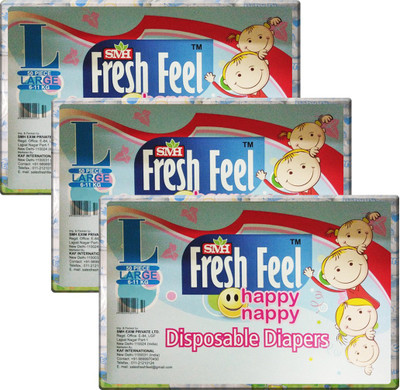 

Fresh Feel Happy Nappy(150 Pieces) Large Taped Extra Soft, Anti Rash Disposable Diaper ,Combo Pack of 3 Packets - L(150 Pieces)