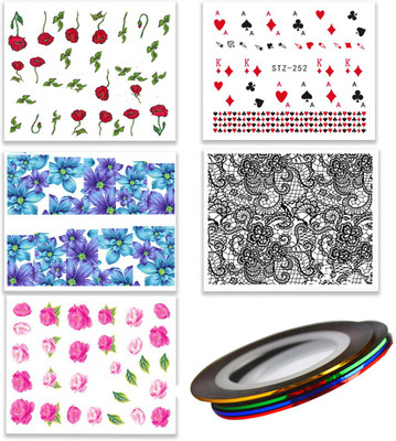 

STZ Set of 5 Water Transfer Nail Art Sheet & Nail Art Tape Combo(Multicolor)