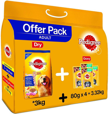 

Pedigree Dry Adult Dog Food Chicken & Vegetables 3 kg + Adult Gravy Chicken & Liver Chunks (4 X 80 gm) – 3.32kg Chicken, Vegetable 3.2 kg Dry Dog Food