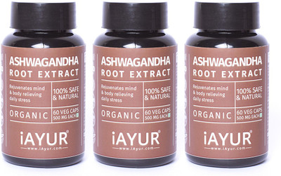 

iAYUR Organic Ashwagandha Extract (Pack of 3) 100% Potent, Pure & Safe 500 Mg(180 No)