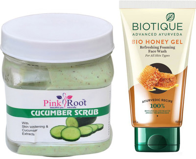 Pink Root CUCUMBER SCRUB 500G WITH BIOTIQUE HONEY FACEWASH(Set of 2)