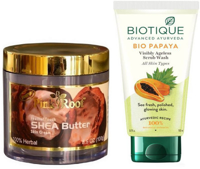

Pink Root SHEA BUTTER CREAM 100G WITH BIOTIQUE PAPAYA FACEWASH(Set of 2)
